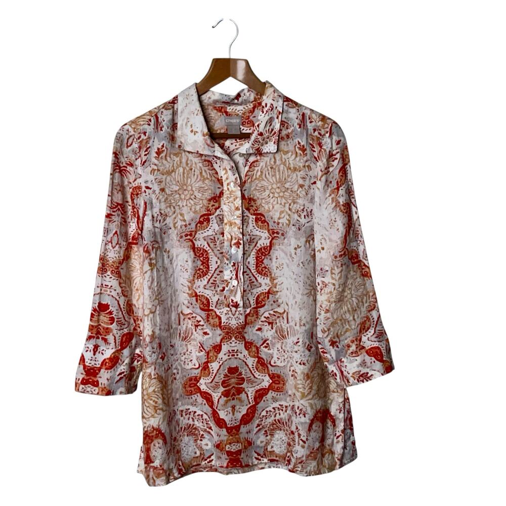 Chico's Medallion-Print Linen Pop over Tunic Size S White Orange Oversized Boho